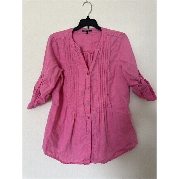 Chaus Sport Top Linen women’s S Pink Roll Tab Sleeves Button up Pin Tuck Blouse - Picture 2 of 6